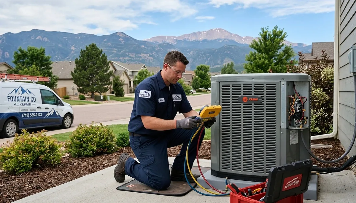 Professional HVAC technician performing AC repair in Colorado Springs, CO home