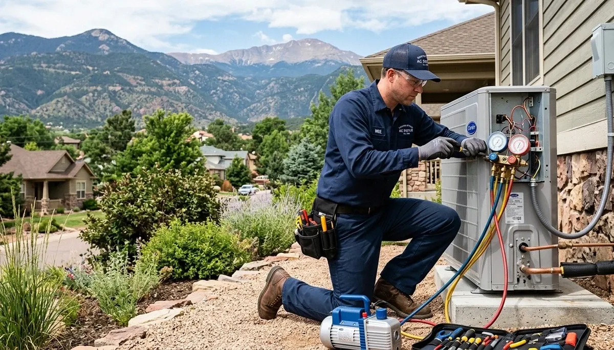 Professional AC repair technician servicing air conditioner in Colorado Springs, CO home