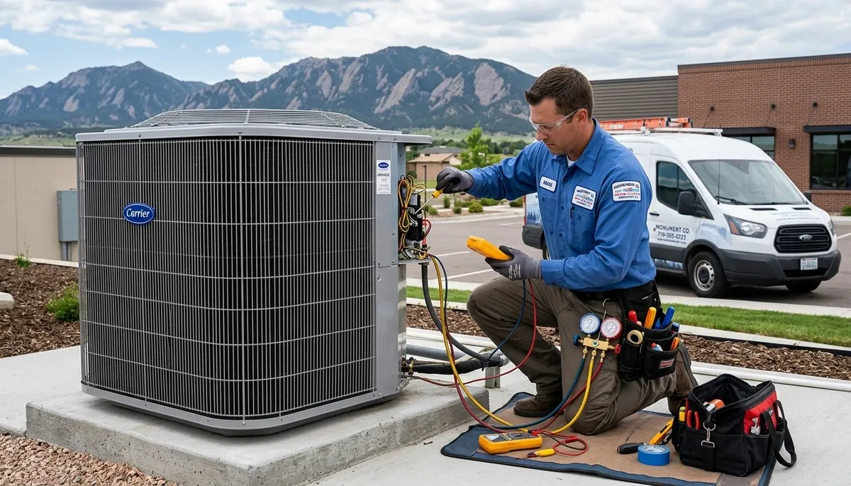 Professional AC repair technician servicing air conditioner in Colorado Springs CO home
