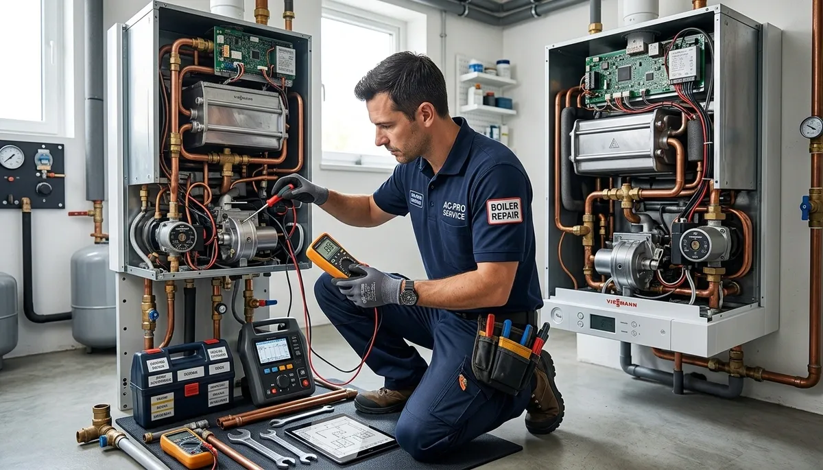 Technician performing boiler repair in Colorado Springs, CO for residential heating system