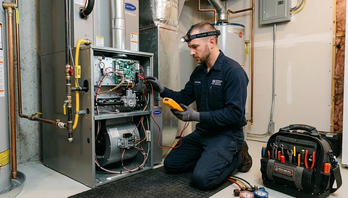 Technician performing furnace repair in Colorado Springs, CO for Five Star Cooling heating service