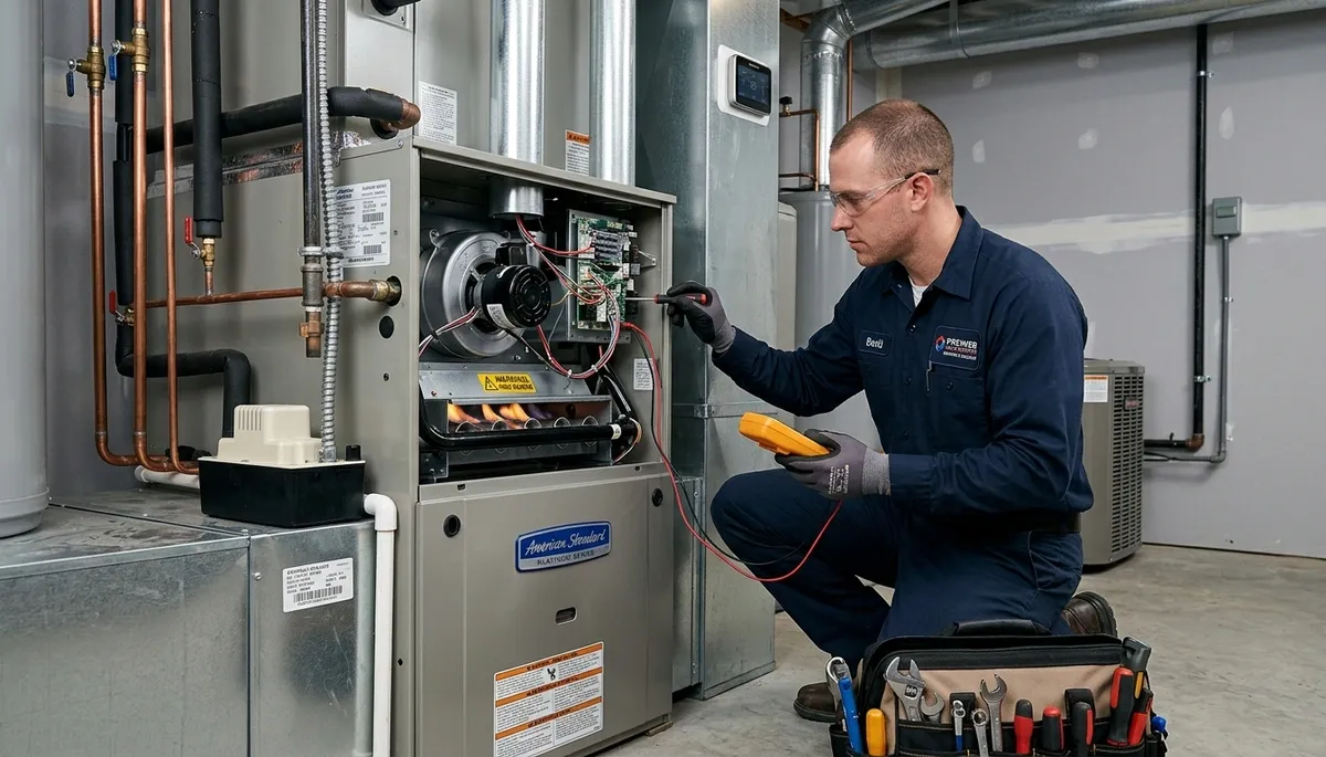 Technician performing heating repair on furnace in Colorado Springs, CO home