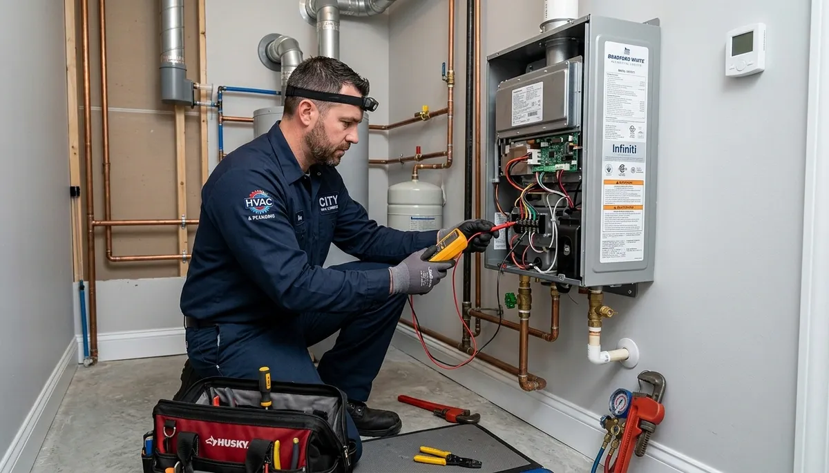 Technician repairing water heater for Colorado Springs home | Five Star Cooling expert service